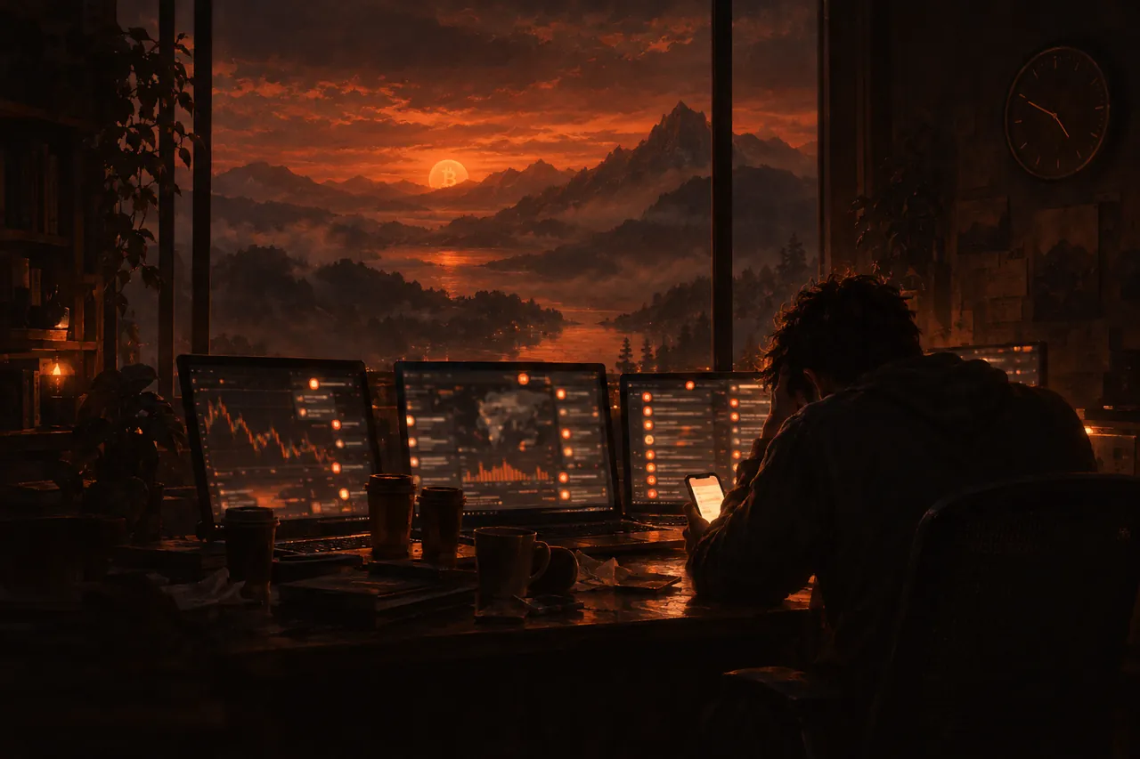 A trader late at night, buried in screens and alerts