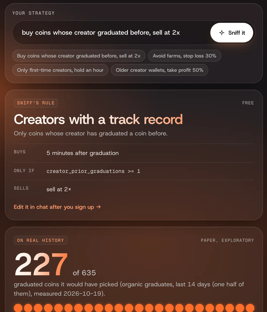The QuantBase app: a rule in plain words, and the trade the agent places from it